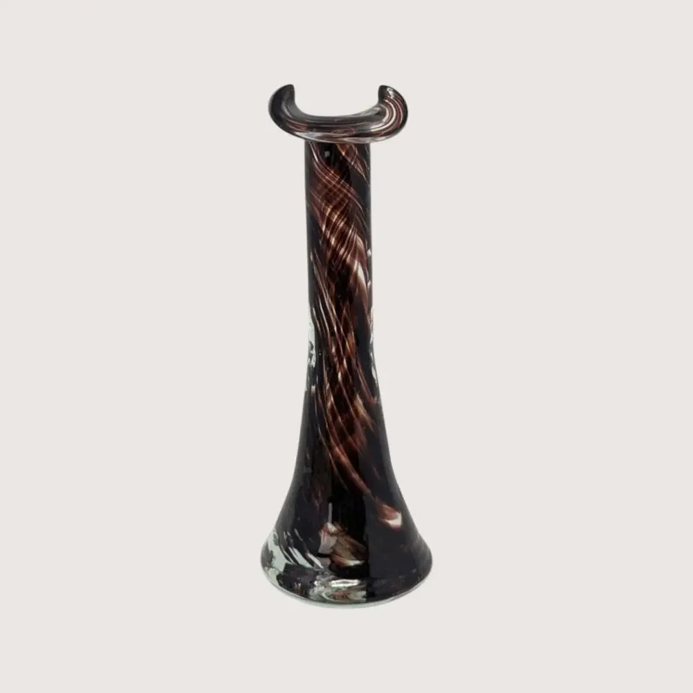 1970s Murano Style Brown Swirl Art Glass Bud Vase with Bicorn Rim